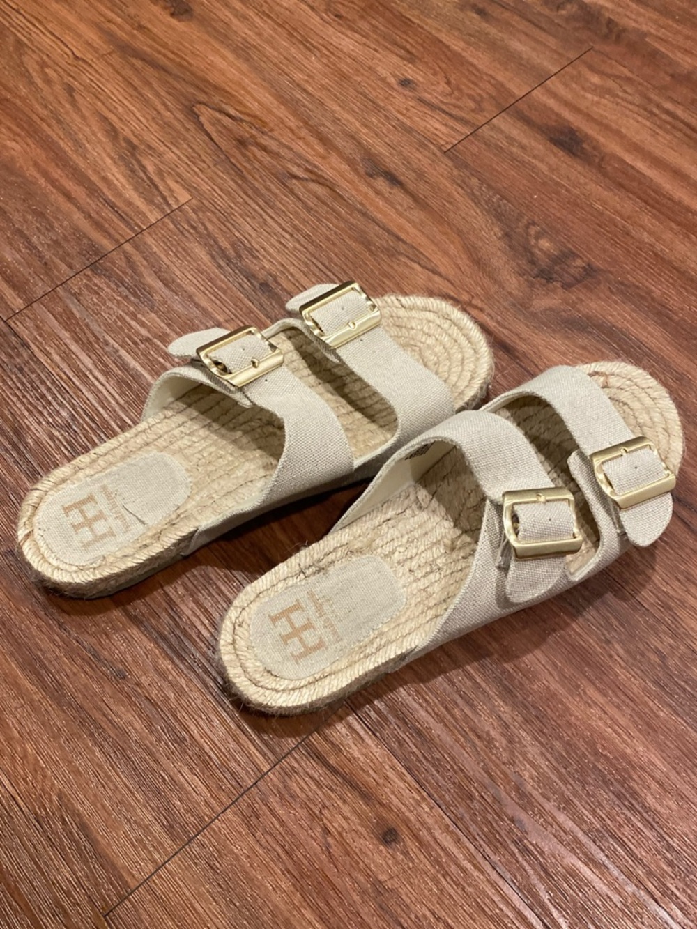 Beige Double-Buckle Slide Sandals with Jute Footbed